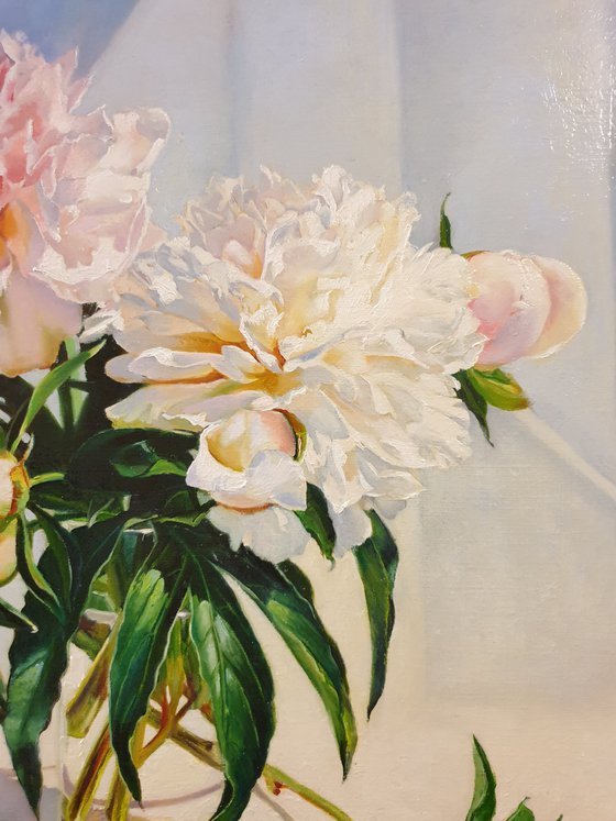 "Peonies bathe in sunlight."