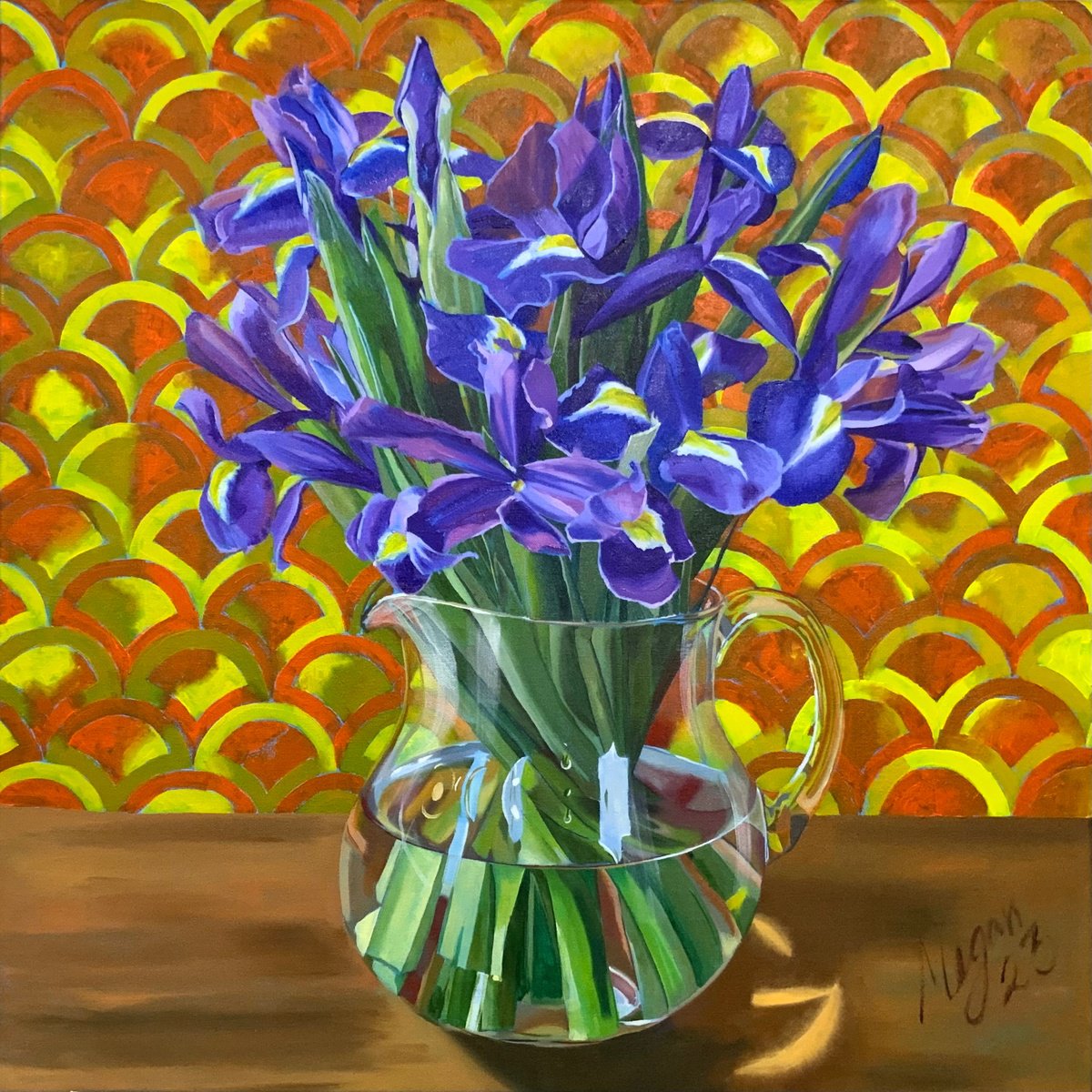 Irises with a Patterned Background by Megan Cheetham