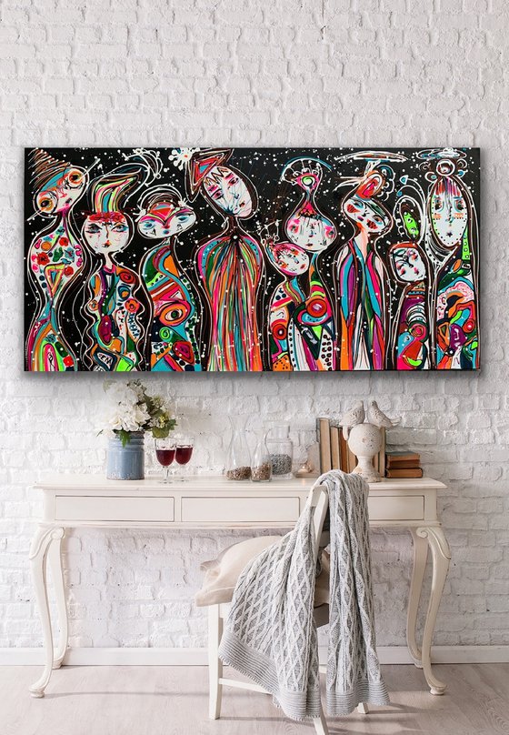 71''x 35''(180x90cm), Friends 50, family, bright urban ,pop art ready to hang, colorful canvas art  - xxxl art - abstract art painting- extra large art- mixed media