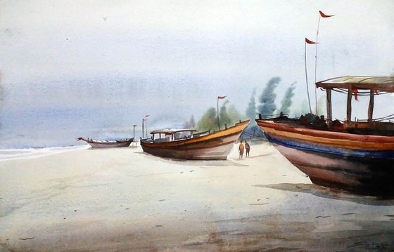 Fishing Boats at Morning Seashore - Watercolor painting