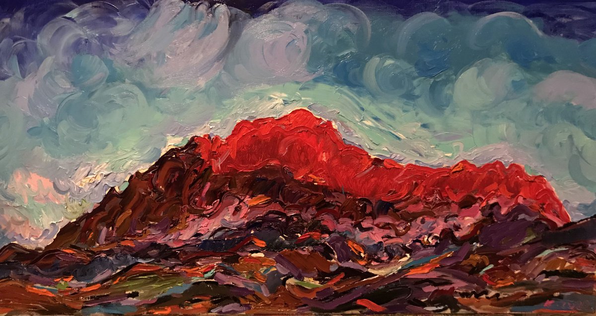 MOUNTAINS - Landscape - Oil Painting - Red Mountainscape 50x100cm by Karakhan