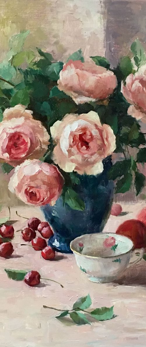 Austin Roses with Still Life by Ling Strube