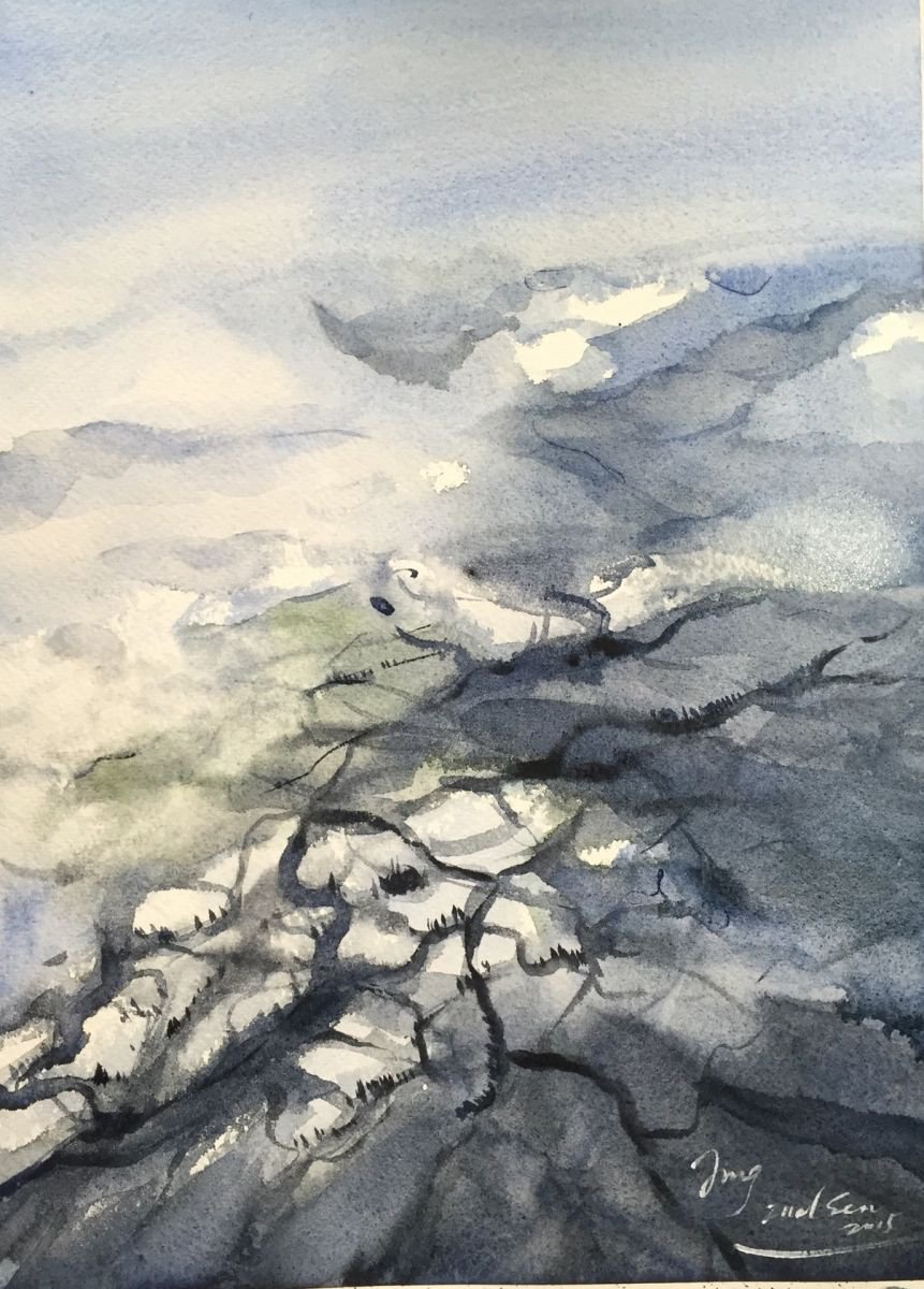 Impressionistic Landscape Watercolour By Jing Chen, 11 X 15, Down From A Plane, Original Artwork