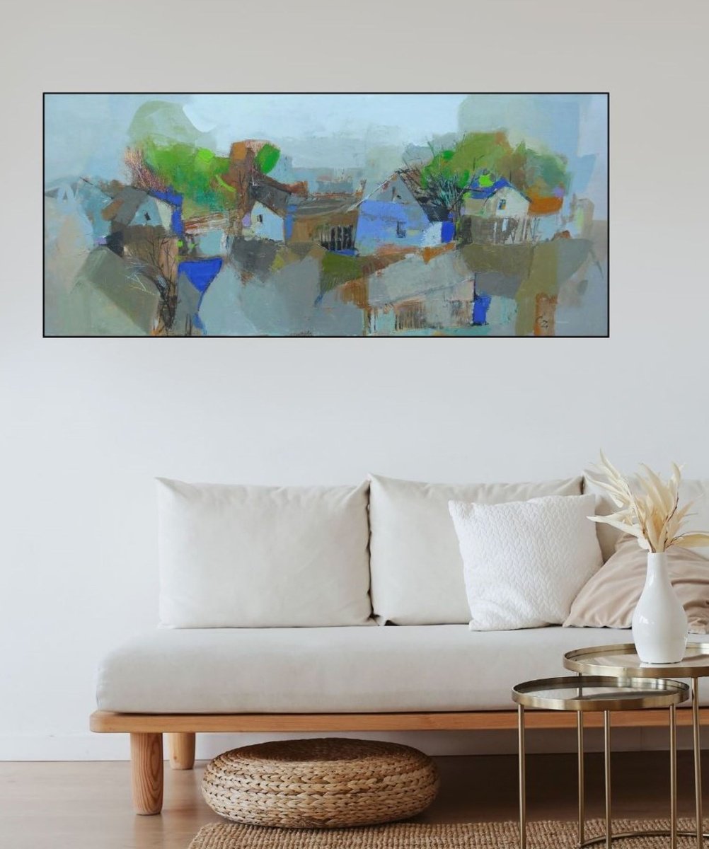 Impressionistic Cityscapes Oil Painting By Victoria Cozmolici, 47 X 20", Houses, Original Artwork