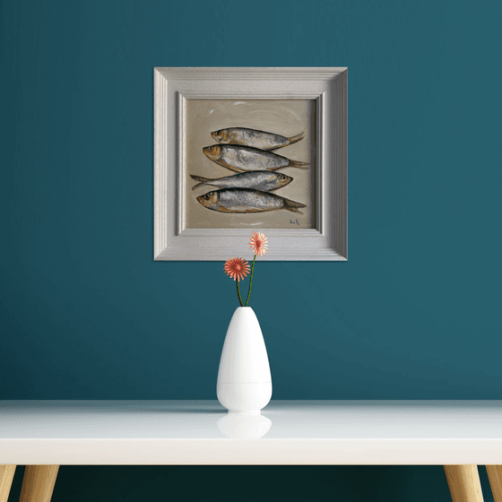 Original oil painting Framed Four Fish Still Life Contemporary Artwork