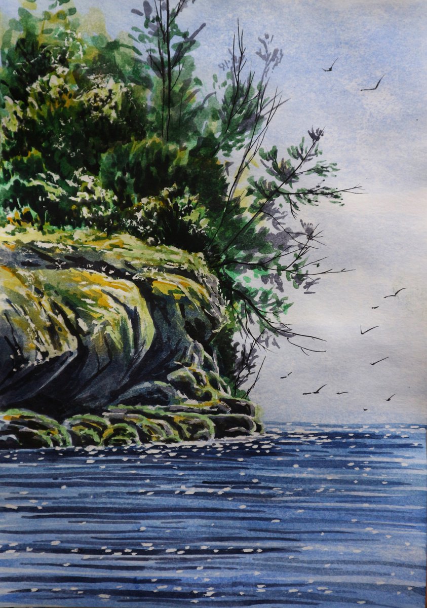 Photorealistic Watercolour , Glare On The Sea By Eugene Gorbachenko, 8 X 11, Artwork For Sale On Artfinder