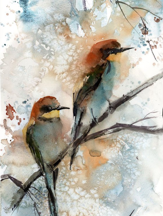Bee eater birds couple watercolor painting
