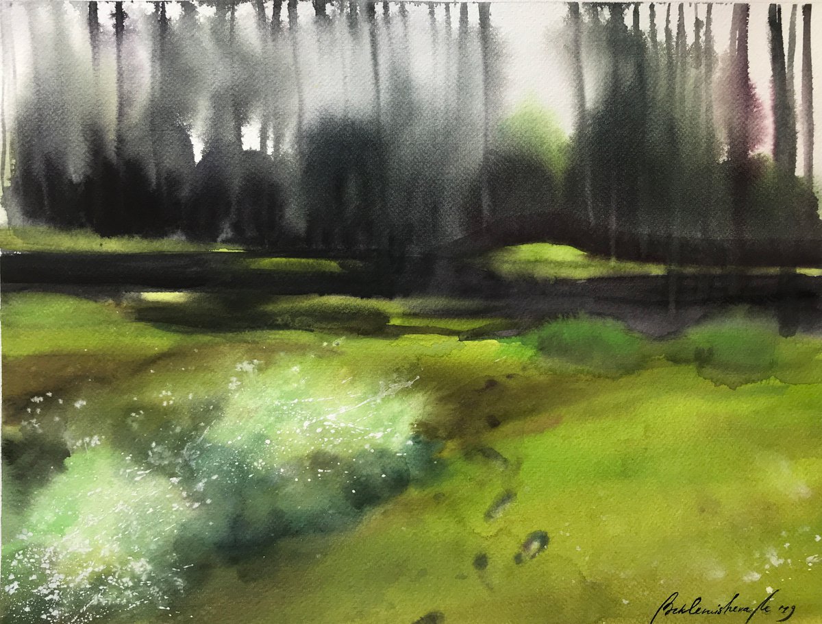Swamp. Landscape watercolor painting. by Maria Beklemisheva