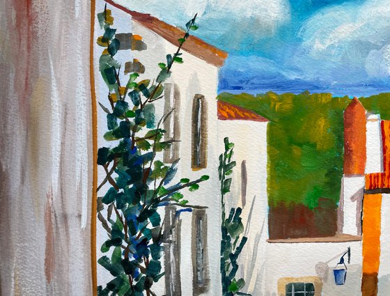 Portugal Original Gouache Painting, Europe Wall Art, Obidos Street Artwork, Travel Gift, Mediterranean Home Decor