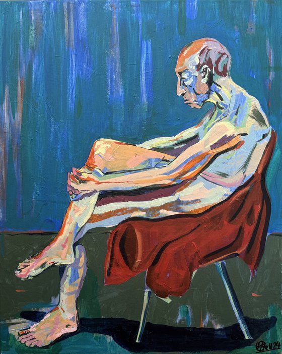 Seated older chap nude