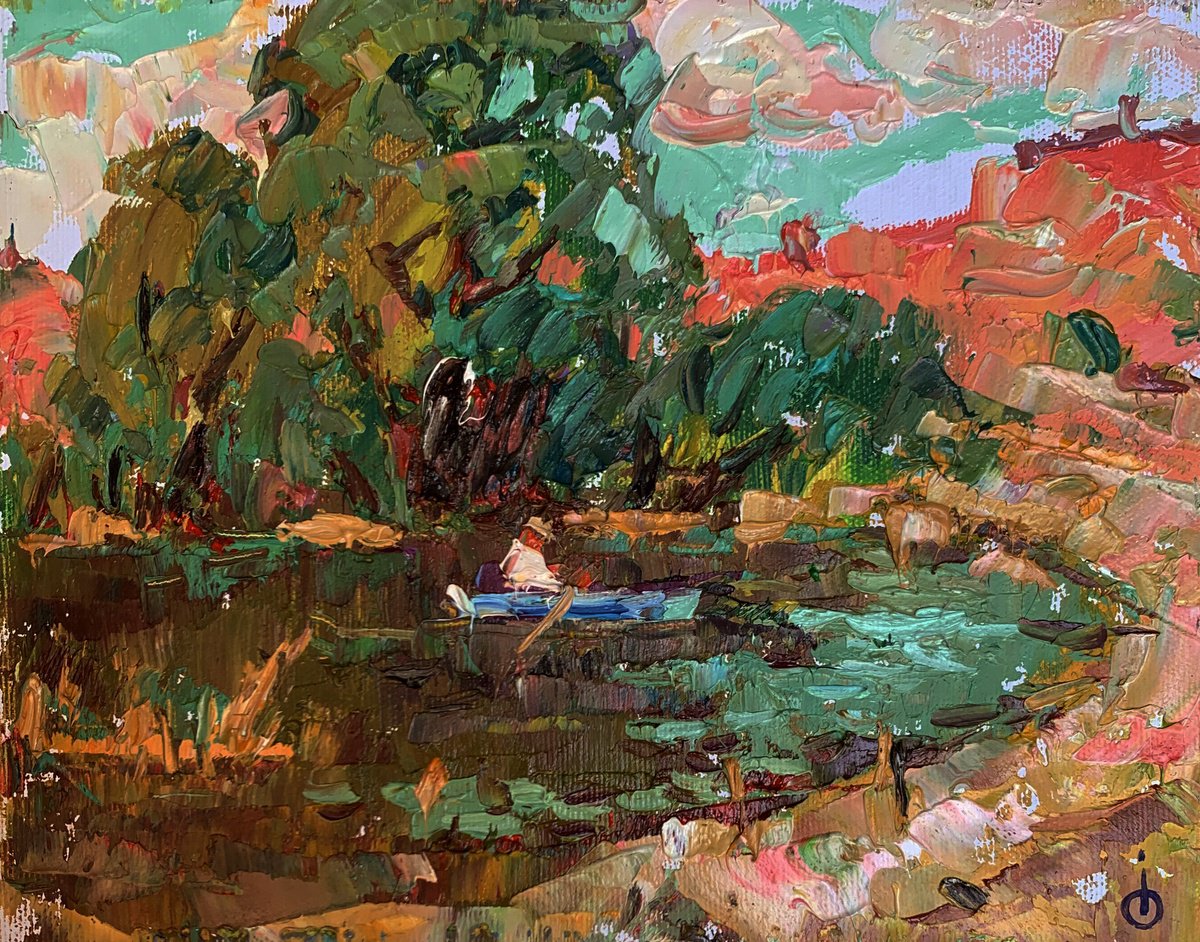 Impressionistic Landscape Oil Painting By Kalenyuk Alex, 10 X 8", On A Blue Boat, Original Artwork