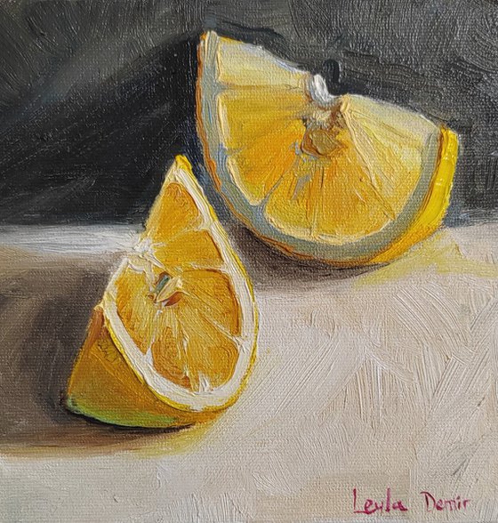 Lemon fruit still life oil painting realistic citrus wall decor 4x4"