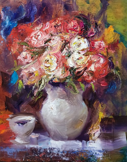 Bouquet of roses and cup by HELINDA (Olga Müller)