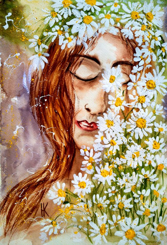 Flower Head Painting Woman Original Art Daisy Watercolor Chamomile Artwork Floral Wall Art 10 by 14 inches