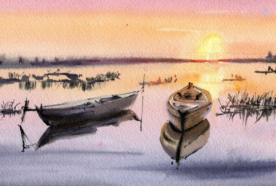 Boats at sunset original artwork small format bright colors home decor painting, gift for her