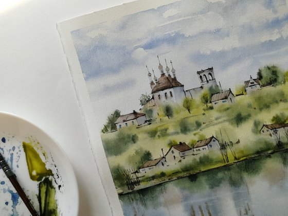 Countryside landscape . Old church painting