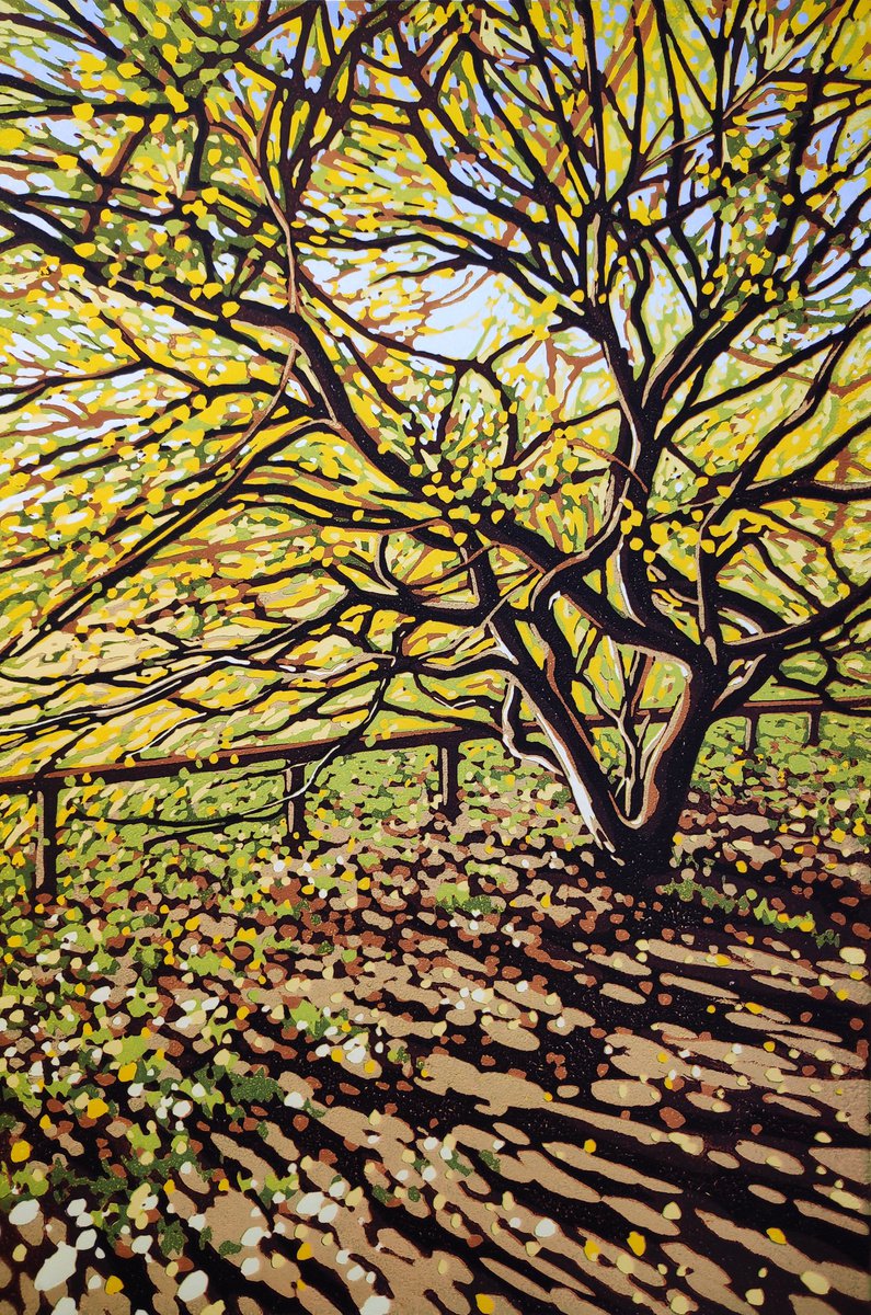 Impressionistic Landscape Linocut By Alexandra Buckle, 10 X 14, Autumn Sunshine, Original Artwork