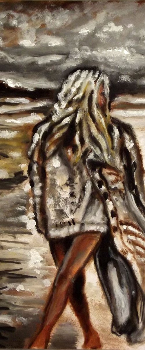 STYLISH WALK - SEASIDE GIRL - Oil painting (30x42cm) by Wadih Maalouf
