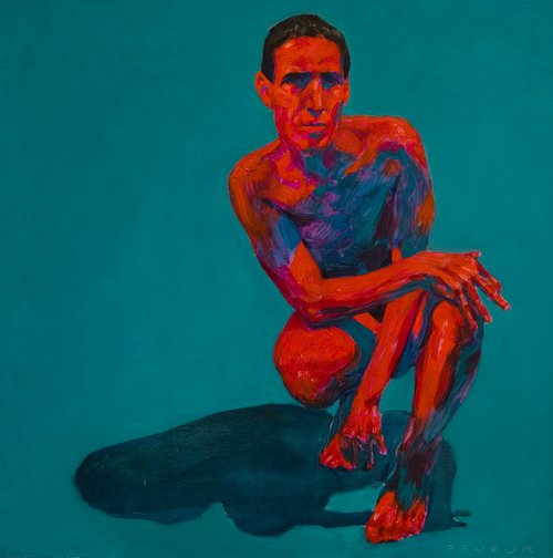 modern pop nude portrait of a man in red and blue by Olivier Payeur
