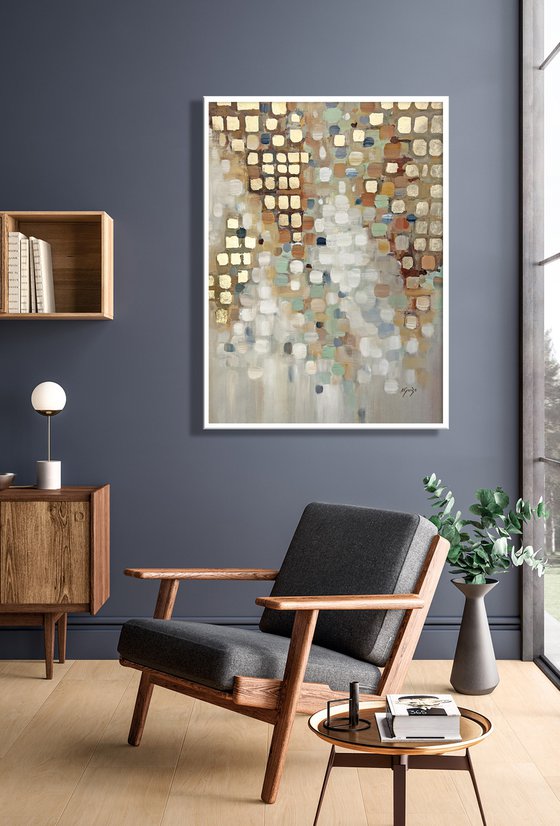 Mirage - Gold Cubes Abstract Painting, Gold Leaf Soft Pastel Colors, Original Painting, Modern Art, Living Room Decor Texture Acrylic Painting