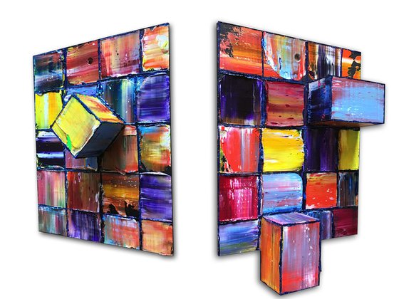 "We Just Fit" - FREE USA SHIPPING - Original Diptych PMS Mixed Media Sculptural Paintings On Wood, Framed - 16 x 11.5 inches