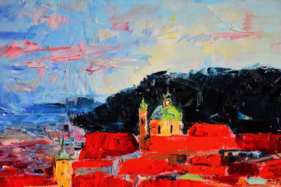 Prague Original Palette Knife Oil Painting, Large Artwork, Red Roofs Art, Europe Wall Art