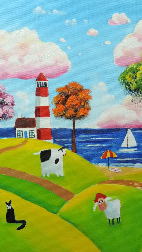 seaside house, cat cow and sheep by Gordon Bruce