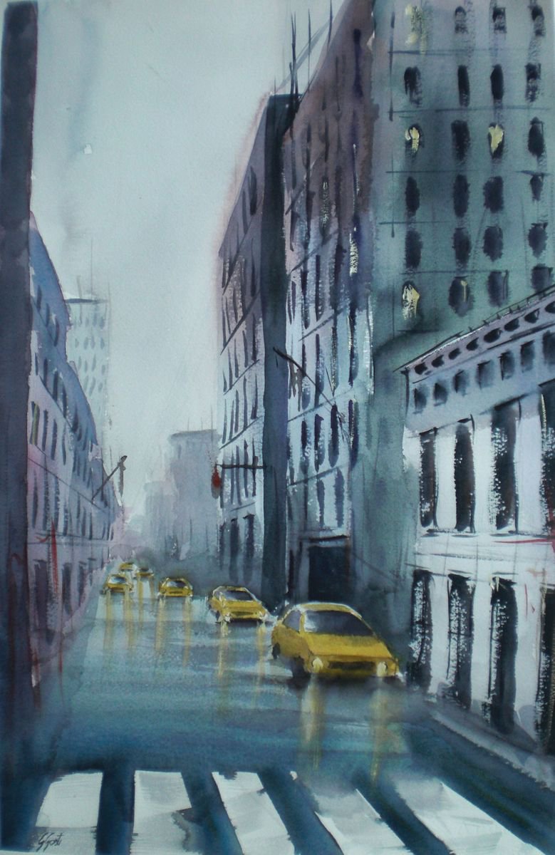 Impressionistic Cityscapes Watercolour By Giorgio Gosti, 14 X 21, Yellow Cabs In New York 2, Original Artwork