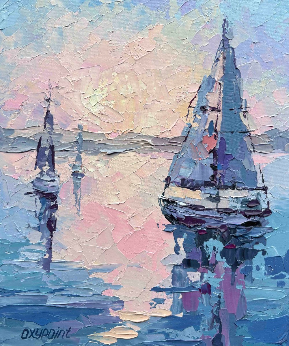 Impressionistic Landscape Oil Painting By Oxypoint, 8 X 9", Serenity At Sunset On The Sea, Original Artwork