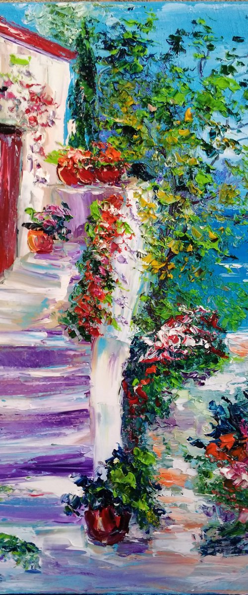 House with flowers and sail yacht on background by Oksana Fedorova