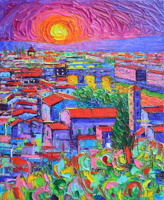 Sunset in Florence over Ponte Vecchio textural impressionism abstract cityscape impasto palette knife oil painting stylized cities by Ana Maria Edulescu