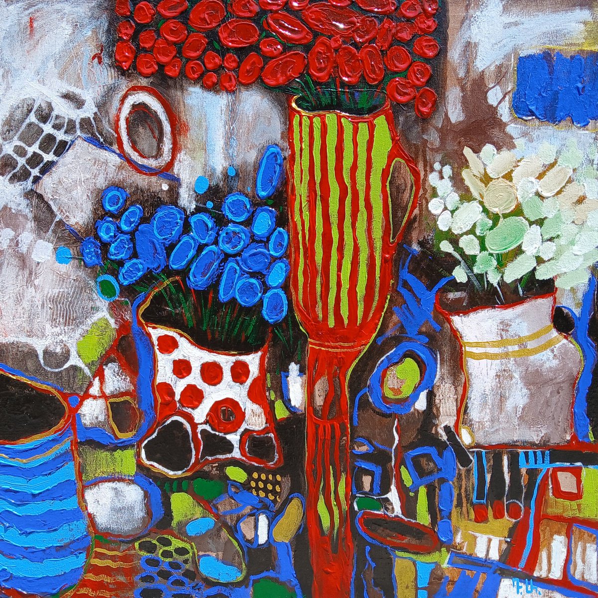 Abstract Botanical Acrylic Painting By Davit Arstamyan, 28 X 28, Floral Jazz, Original Artwork