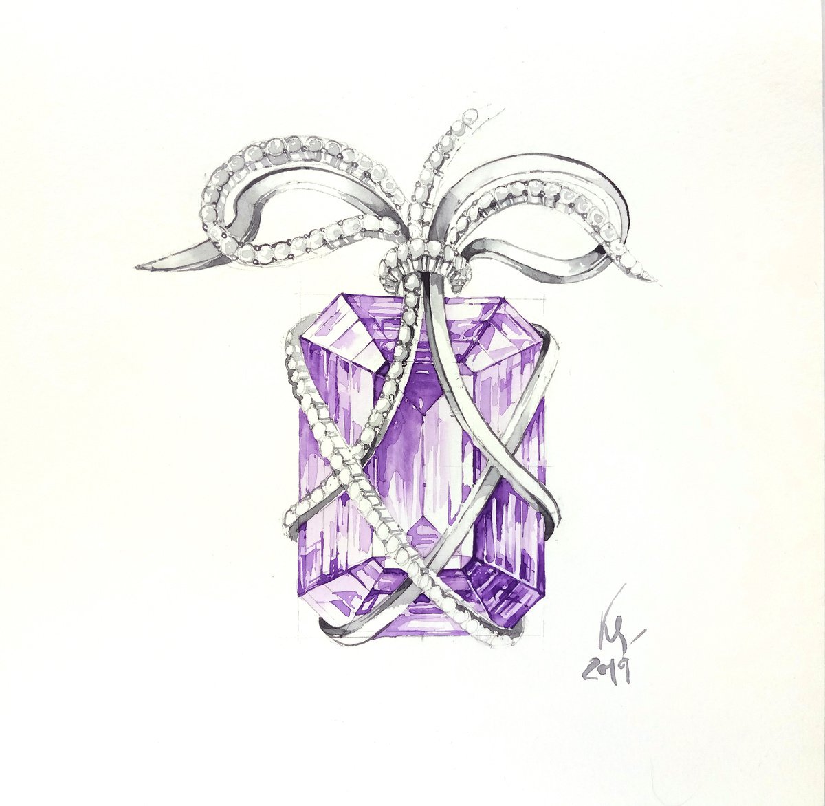 Jewelry watercolor sketch Necklace with faceted amethyst stone by Ksenia Selianko