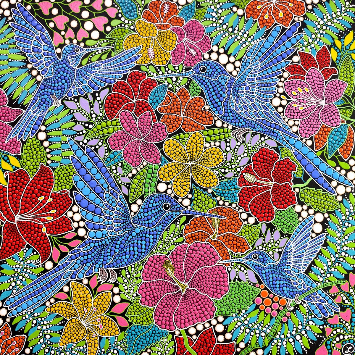 Expressive Animal Acrylic Painting By Oxana Lazari, 28 X 28", Dance Of The Hummingbirds, Original Artwork