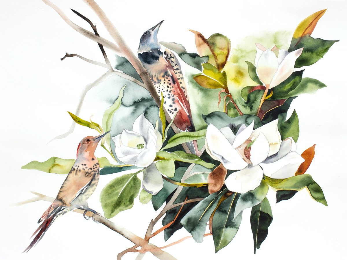 Expressive Watercolour , Magnolia And Flickers By Elizabeth Becker, 30 X 22, Artwork For Sale On Artfinder