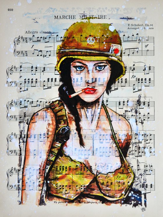 Born To Kill - Marche Militaire - Collage Art on Real Vintage Sheet Music Page