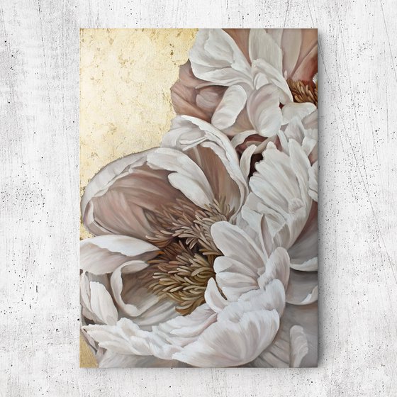 "Golden Silk Flowers" Gold white peony art