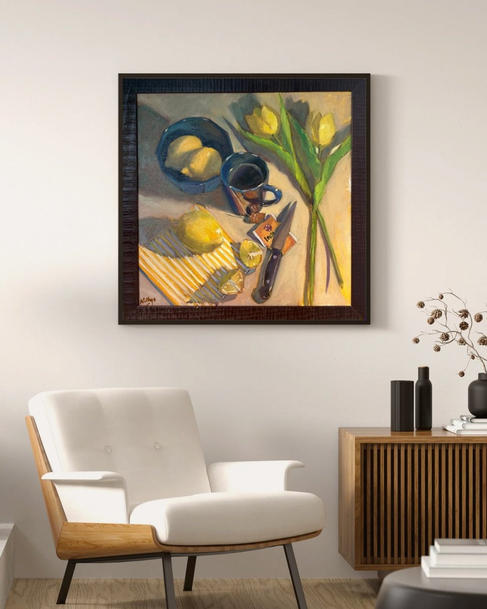 Expressive Still Life Oil Painting By Nithya Swaminathan, 17 X 17", Tea With Lemons - Kitchen Painting, Original Artwork