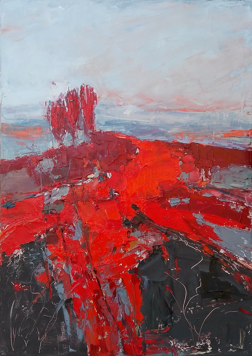 PASSIONED JOURNEY, 50x70cm, red fields landscape by Emilia Milcheva