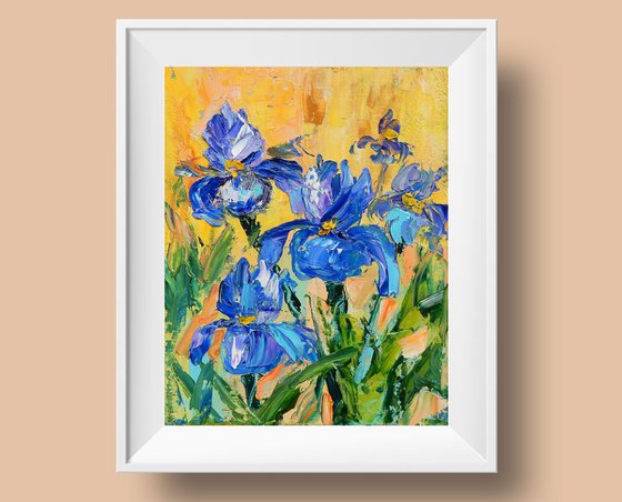 Irises, flowers. Impasto oil painting. Palette knife, heavy textured art