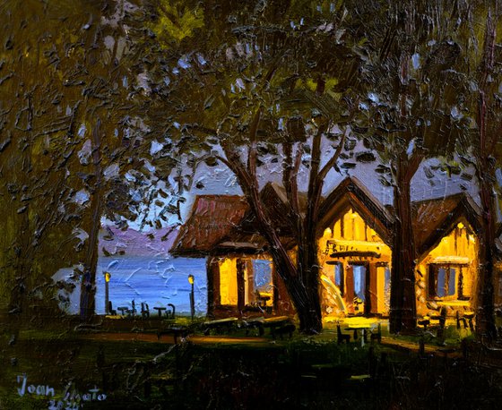 Nightfall at the lakeside lodge