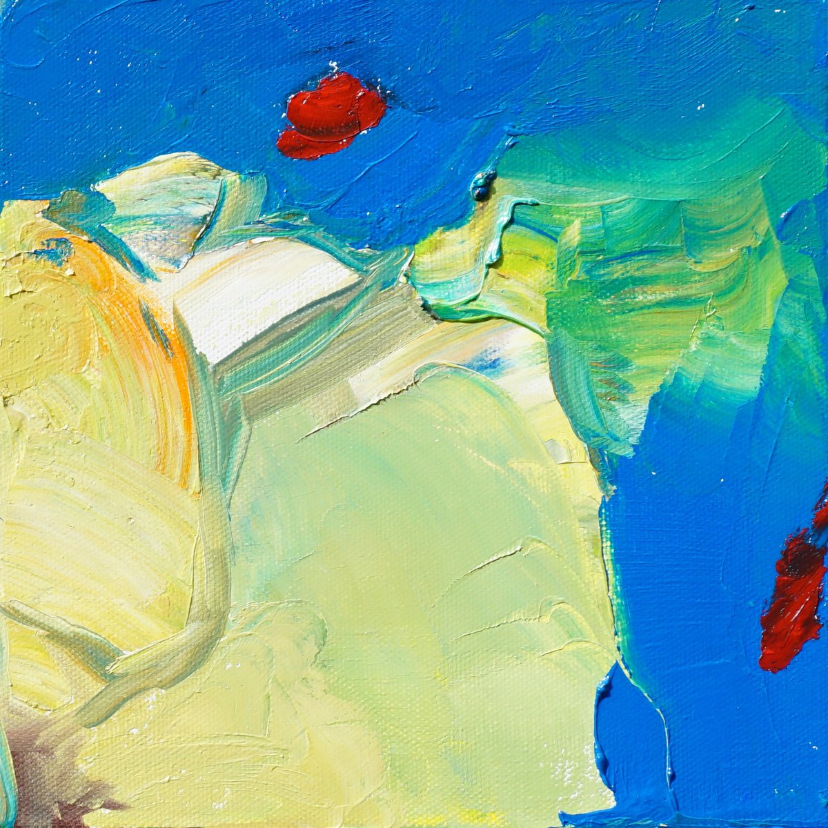 Expressive Abstract Oil Painting By Jelena B, 8 X 8, Happy Tile-Map With Red Ships, Original Artwork