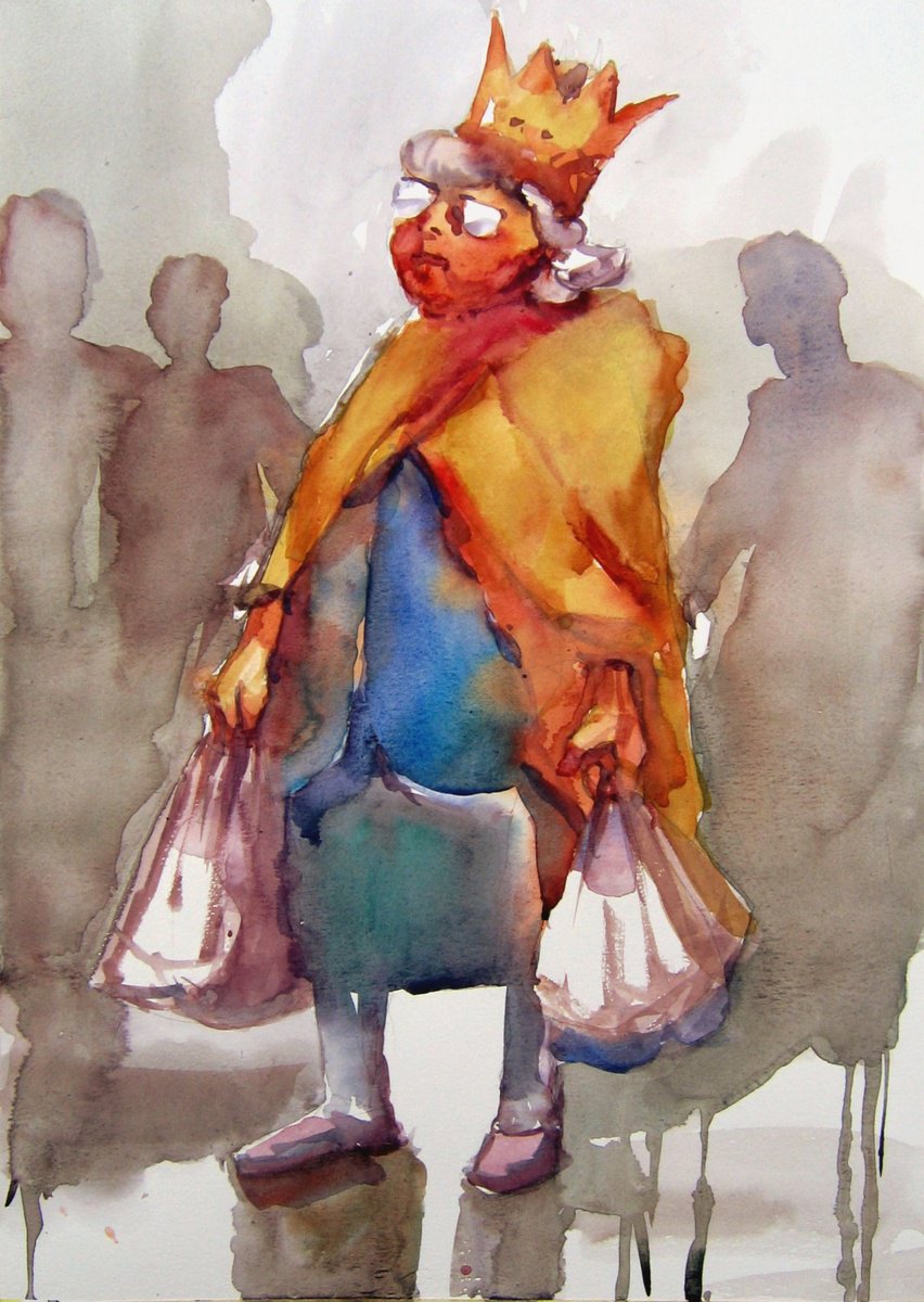 Expressive Portrait Watercolour By Goran Zigolic Watercolors, 14 X 20, Queen Of The Bus Station 4, Original Artwork