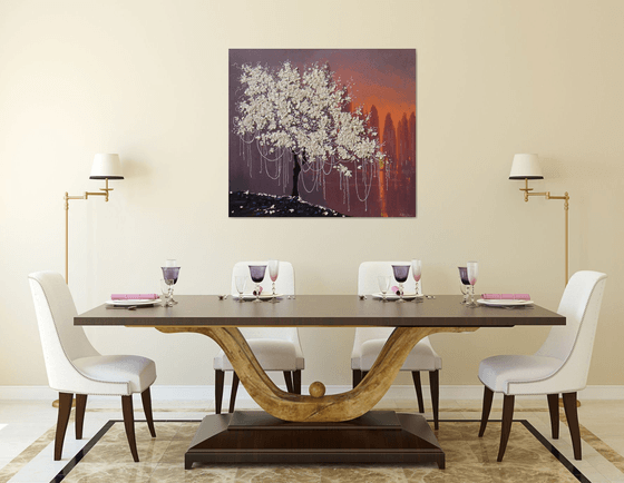 Flowering Tree/ Spring Sunset on the River/ Large Painting