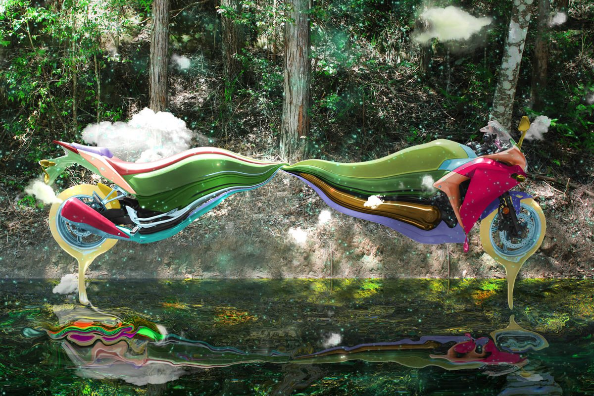 Surrealistic Transport Print By Vanessa T Stefanova, 24 X 16", Rainbow Bike Stretch, Original Artwork