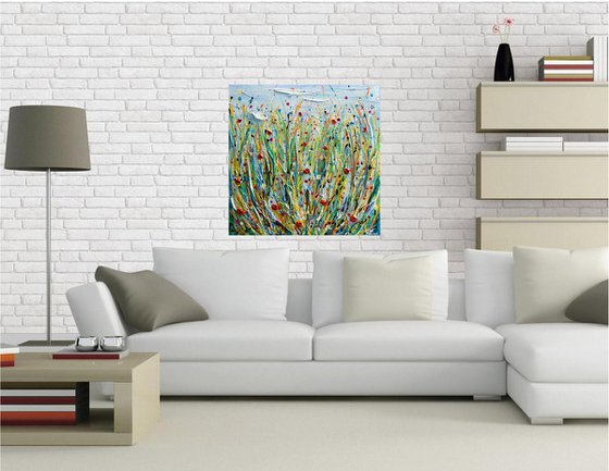 Poppy Meadow - Wildflower field Painting, Textured Wall Art