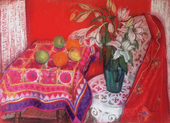 RED STILL LIFE WITH ORANGES AND APPLES
