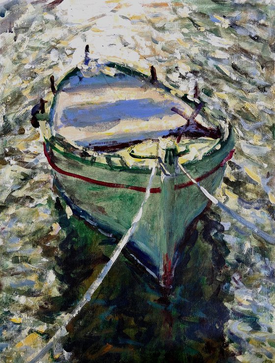 Green old wooden boat