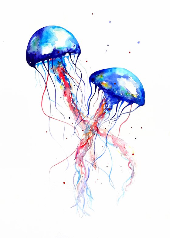 Jellyfish watercolor painting, Sea jellyfish, Watercolor art, Sea world, Wall decor, Nursery