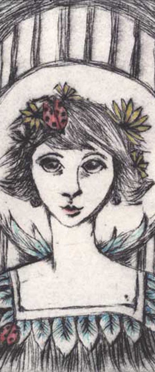 LadyBird limited edition etching of a girl with ladybeetles and daisies. by Liza Paizis